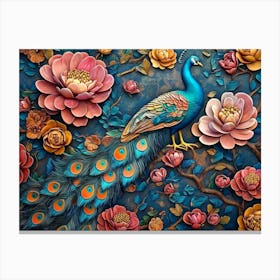 Peacock And Flowers 1 Canvas Print