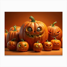 Group Of Carved Pumpkins With Different Faces For Halloween Canvas Print