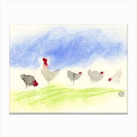 Rooster And Hens watercolor painting farm farmcore birds chicken minimal blue green kitchen Canvas Print