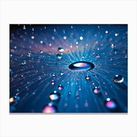 Macro Photograph Of Water Droplets On A Blue Surface, Illuminated To Reveal Iridescent Colors And Delicate Details Canvas Print