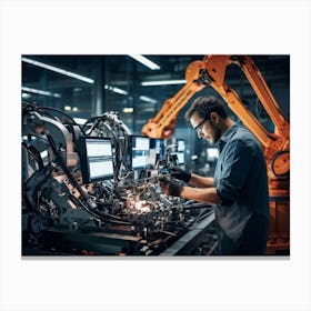 An Artificial Intelligence Engineer Immersed In A High Tech Manufacturing Factory Examining The Com 2 1 Canvas Print