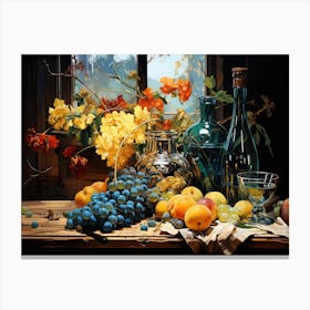Still life with grapes, peaches and flowers Canvas Print