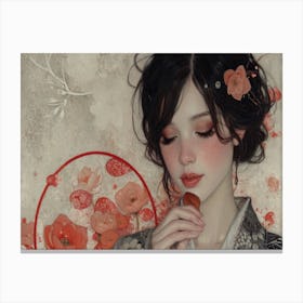 Geisha Grace: Elegance in Burgundy and Grey. Asian Girl 1 Canvas Print