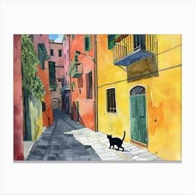 Black Cat In Salerno, Italy, Street Art Watercolour Painting 3 Canvas Print