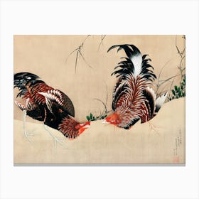 Hokusai Rooster Fight Canvas Print