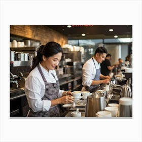 Cafeteria Interior Bustling With Activity Baristas In Checkered Aprons Preparing Espresso Drinks P (1) Canvas Print