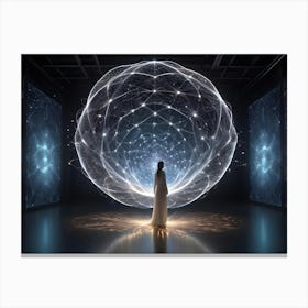 3d Rendering Of A Woman Standing In A Dark Room With A Glowing, Spherical Network Around Her Canvas Print