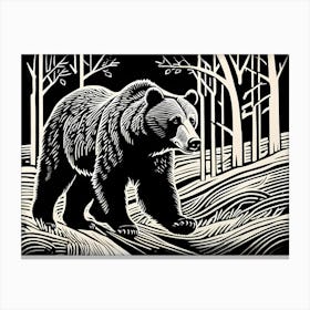 Playful Bear Captured In The Style Of A Linocut, black and white art, animal art, 165 Canvas Print