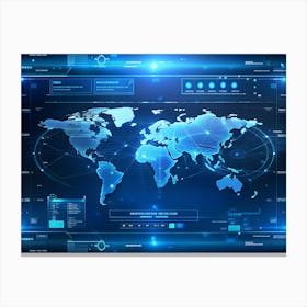 Futuristic Blue Digital Interface With World Map And Data Canvas Print