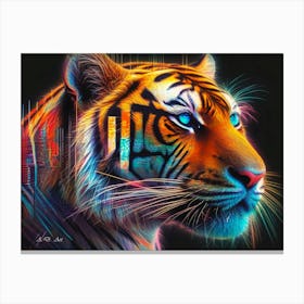 A Vivid Neon Digital Color Painting of a Bengal Tiger Head Canvas Print
