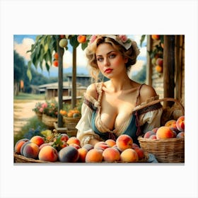 A Beautiful And Alluring Blonde In Low Cut Dress With Ample Cleavage Leans Over Her Peaches | Sexy, Alluring Farm Girl Canvas Print