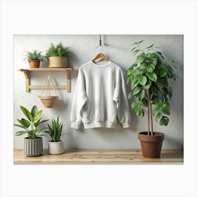 White Sweatshirt Mockup Hanging In A Boho Interior Canvas Print