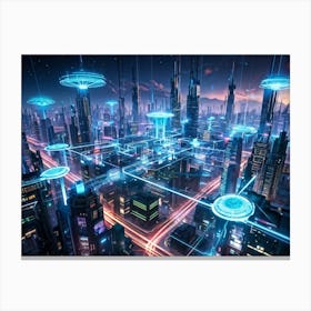 A Digital Painting Of A Globally Networked Cityscape Futuristic Ai Central Node Glowing With Connec (2) Canvas Print