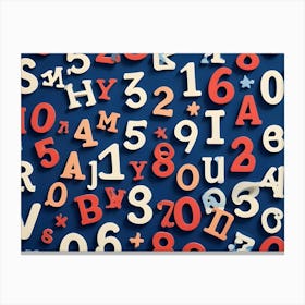 Abstract Image Of Colorful, Wooden Letters And Numbers On A Blue Background, Creating A Random Pattern Canvas Print