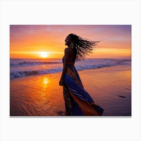 African Woman Radiant Smile Embracing The Warmth Of A Summer Sunset Silhouette Outlined Against T (6) Canvas Print