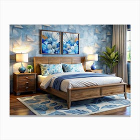 Blue And White Bedroom With Wooden Bed And Nightstands Canvas Print