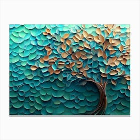 Abstract 3d Tree With Swirling Turquoise, Blue, And Brown Leaves, Dynamic Green Hexagon Canvas Print