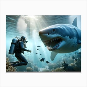 Scuba Diver And Great White Shark 2 Canvas Print