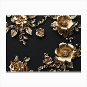 Gold Flowers On Black Background 11 Canvas Print