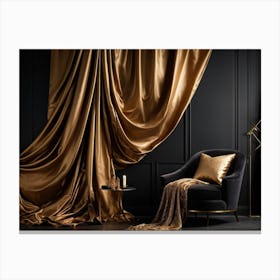 Curving Gold Drapery Cascades Down A Rich Brown Wall The Silken Material Emulating The Fluidity And (4) Canvas Print