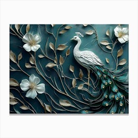 3d Modern Painting Abstraction Art With White, Dark Green And Golden And Flowers With Feathers Canvas Print