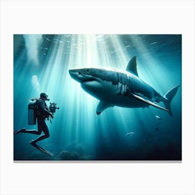 Scuba Diver And Great White Shark Canvas Print