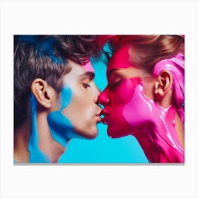 Two People Kissing On Blue Background with Painted Faces Canvas Print