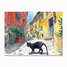 Ajaccio, France   Black Cat In Street Art Watercolour Painting 2 Canvas Print