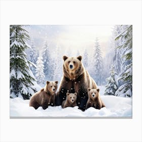 Wildlife Portrait Featuring A Bear Family In The Heart Of Winter Mother Bear Embracing Her Cubs In Canvas Print