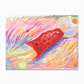 Catching Flower In A Red Dress - contemporary modern living room woman flower Canvas Print