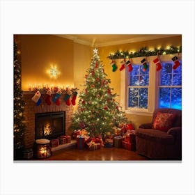 Cozy Christmas Eve Setting Crackling Fireplace Aglow In Living Room Corner Sparkling Tree Adorned (1) Canvas Print