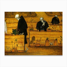 Garden of Death 1896 by Hugo Simberg - Finnish Surrealist Painter, Gothic Symbolic Skulls Skeletons Watering Flowers in the Resting Place Between Life and Death Canvas Print