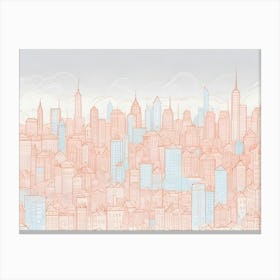 A Stylized Cityscape Skyline With A Watercolor Effect, Rendered In Shades Of Pink And Blue Canvas Print