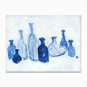 Eight Blue Bottles - painting kitchen art still life blue white Canvas Print