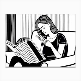 Reading A Book Linocut Black And White Painting, 326 Canvas Print