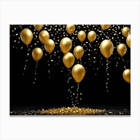 Photo Of Golden Balloons And Confetti On A Black Background Canvas Print