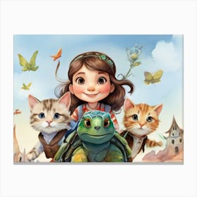 Girl And Her Kittens Canvas Print