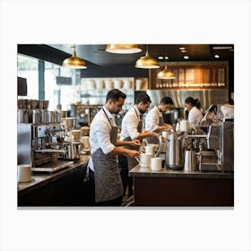 Cafeteria Interior Bustling With Activity Baristas In Checkered Aprons Preparing Espresso Drinks P 2 1 Canvas Print