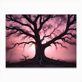 A Large, Gnarled Tree Stands In The Center Of A Misty Forest, Silhouetted Against A Vibrant Pink And Purple Sunrise Or Sunset Canvas Print