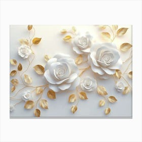 3d White Roses on A White Background, Golden Leaves, Elegant Floral Pattern Canvas Print