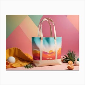 A Bright, Colorful Tote Bag With A Sunset Landscape Design, Photographed Against A Backdrop Of Various Colorful Backgrounds And Props Canvas Print