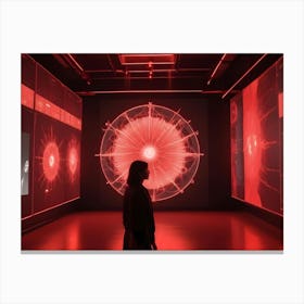 A Woman In Silhouette Stands In A Red Lit Room, Surrounded By Screens Displaying Abstract, Geometric Patterns Canvas Print