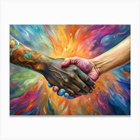 Two Hands With Painted Skin Shaking Hands In A Colorful Background Canvas Print