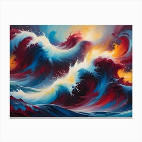 Colorful Abstract Painting Of Swirling Waves In Red, Blue, Yellow, And White Hues, Evoking A Sense Of Energy And Movement Canvas Print