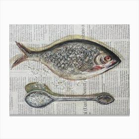 Sardine Fish With A Spoon Of Salt On Newspaper Food Kitchen Seafood Canvas Print