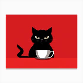Black Cat With A Cup Of Coffee Canvas Print