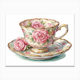 Vintage Teacup And Saucer With Roses Canvas Print