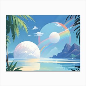 Tropical Scene With Rainbow, Palm Trees, And White Sphere Canvas Print