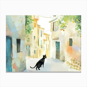 Black Cat In Taranto, Italy, Street Art Watercolour Painting 2 Canvas Print