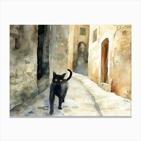 Black Cat In Matera, Italy, Street Art Watercolour Painting 3 Canvas Print